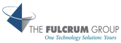 The icon of a blue, white, and gray pyramid encircled by a blue hoop next to text that reads, "The Fulcrum Group, One Technology Solution: Yours"