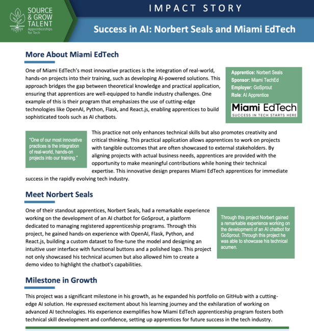 A screenshot of an article with the heading "Success in AI: Norbert and Miami EdTech"