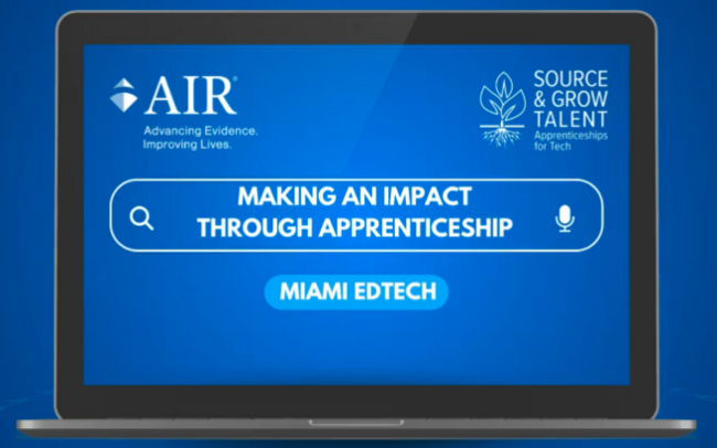 An open laptop shows the text "Making an Impact Through Apprenticeship" typed into the search bar. Below that is a button labeled "Miami EdTech"