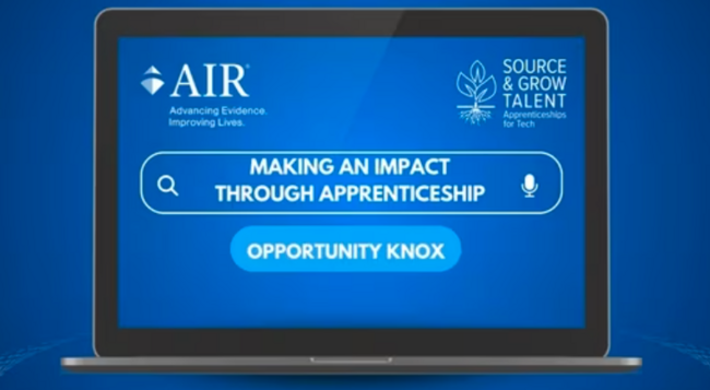 A laptop screen with a blue background and a search bar that has "Making an Impact Through Apprenticeship Opportunity Knox" typed in it. The AIR and Source & Grow Talent logos are on either side of the search bar.