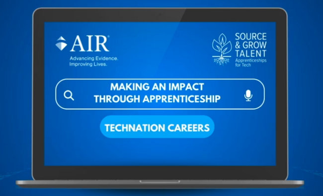 An open laptop shows the text "Making an Impact Through Apprenticeship" typed into the search bar. Below that is a button labeled "TechNation Careers"