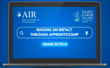 An open laptop shows the text "Making an Impact Through Apprenticeship" typed into the search bar. Below that is a button labeled "Miami EdTech"