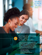A screenshot of an article with the heading "Connecting Diverse Tech Talent to Every Industry" superimposed over the image of two women in and office looking at a tablet and smiling.