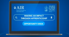 A laptop screen with a blue background and a search bar that has "Making an Impact Through Apprenticeship Opportunity Knox" typed in it. The AIR and Source & Grow Talent logos are on either side of the search bar.