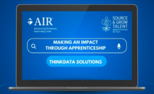 An open laptop shows the text "Making an Impact Through Apprenticeship" typed into the search bar. Below that is a button labeled "ThinkData Solutions"